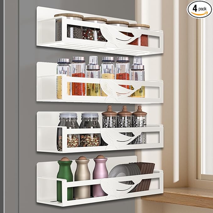 AURIKAR Magnetic Spice Rack for Refrigerator, 4-Pack Metal Seasoning Organizer for Kitchen Storage Organization, Space Saving Magnetic Shelf for Fridge, Pantry, Laundry Room, White