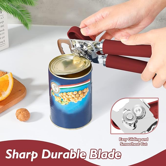Mebotem 10 Colors Can Opener Manual Handheld Heavy Duty Hand Can Opener Smooth Edge Stainless Steel Can Openers Top Lid Kitchen Gadgets, Best Large Rated Easy Turn Knob, with Bottle Opener, Burgundy