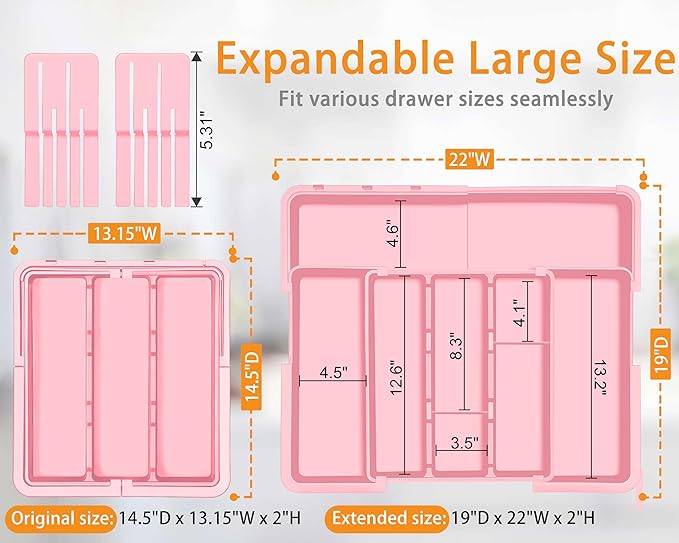 Homecor Utensil Drawer Organizer for Kitchen, Expandable Silverware Organizer Cooking Utensils Tray, Large Cutlery and Flatware Holder, Kitchen Tools & Gadgets Storage (Pink)