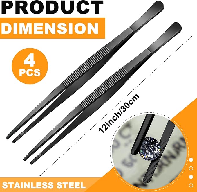 Yaomiao 4 Packs 12 Inch Bar Tweezers Black Cocktail Tongs Long Garnish Tweezers Stainless Steel Bartender Kitchen Cooking Tongs for Cocktail Food Fruit Korean BBQ Bartender Chef, Multi-use