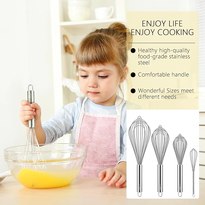 HOTEC Stainless Steel Whisk Set of 4, Food Grade Balloon Whisk Egg Beater, Thicken Wire Mixing Whisk for Baking, Cooking, Whisking Cream, Sauce, Pancake Batter