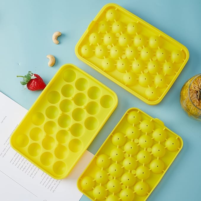 Obsoorth Round Ice Cube Tray 2 Pack BPA Free Silicone Flexible Easy Release 1.1 Inch x 50PCS Small Ice Ball Maker Mold for Whiskey, Cocktail, Chilling (Yellow)