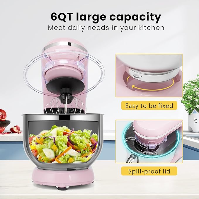 VIVOHOME Stand Mixer, 6-Quart Tilt-Head Kitchen Mixer with Bowl, Pink