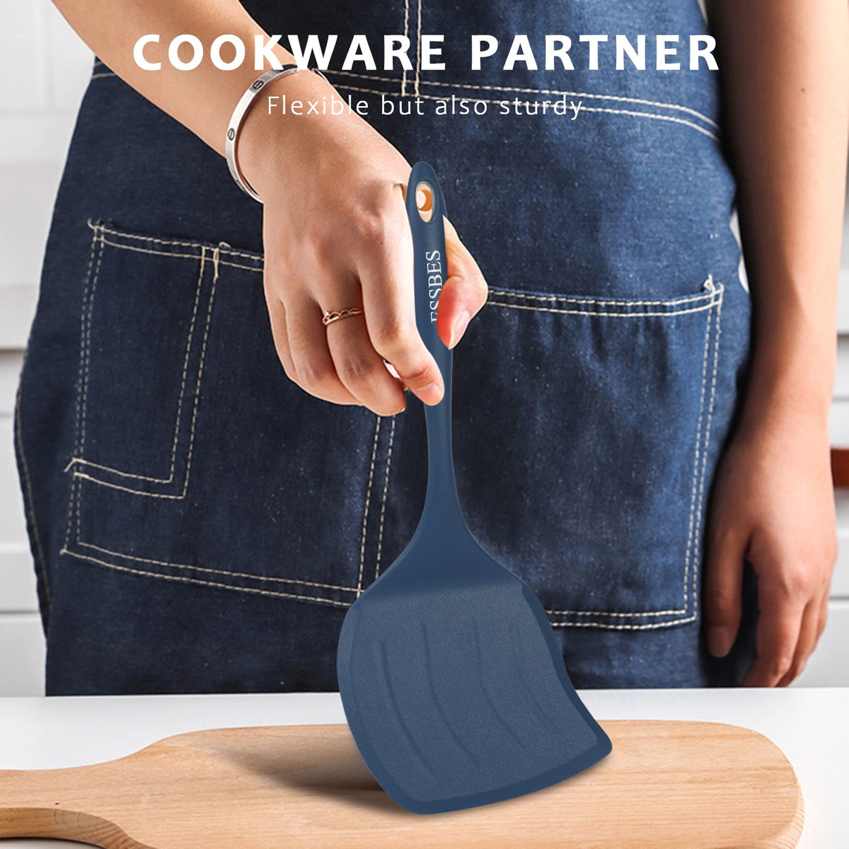 ESSBES Extra Large Silicone Turner - 600F Heat Resistant Nonstick Flexible Kitchen Spatula, BPA Free Dishwasher Safe Utensils, Nonslip Grips One Piece Cookware Suitable for Cooking Baking (Blue)