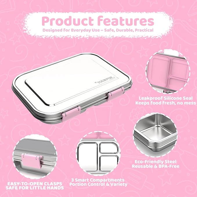 TOURPOR Stainless Steel Bento Box for Kids 1000ml - 3 Compartment Lunch Box for Adults, Leakproof Food Container, BPA-Free Metal Lunch Box with Silicone Seal, Eco-Friendly/Dishwasher Safe (Pink)