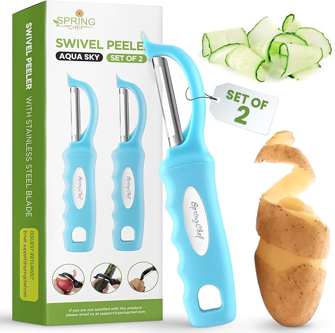 Spring Chef Swivel Potato Peeler with Soft Grip Handle, Set of 2, Aqua Sky