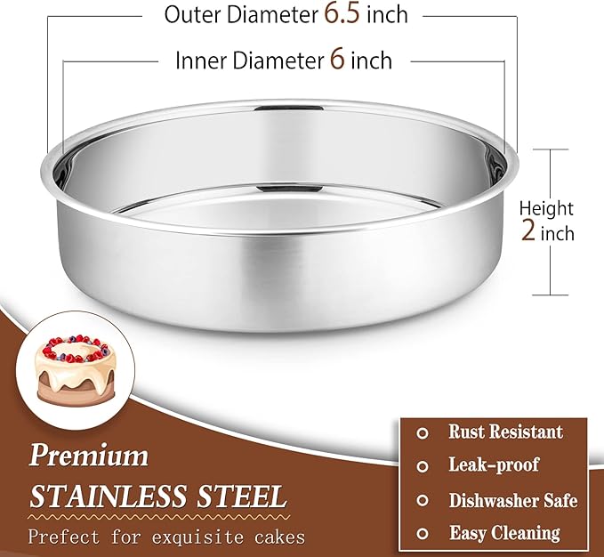 P&P CHEF 6 Inch Cake Pan Set of 4, Stainless Steel Round Cake Pans Tins