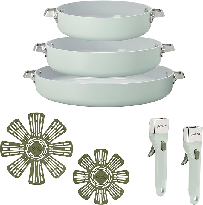 GoodCook Ceramic Cookware Set 5-Piece with Removable Handle, Induction Compatible, Nonstick and Oven Safe with 9.5-Inch Frypan, Sage Green