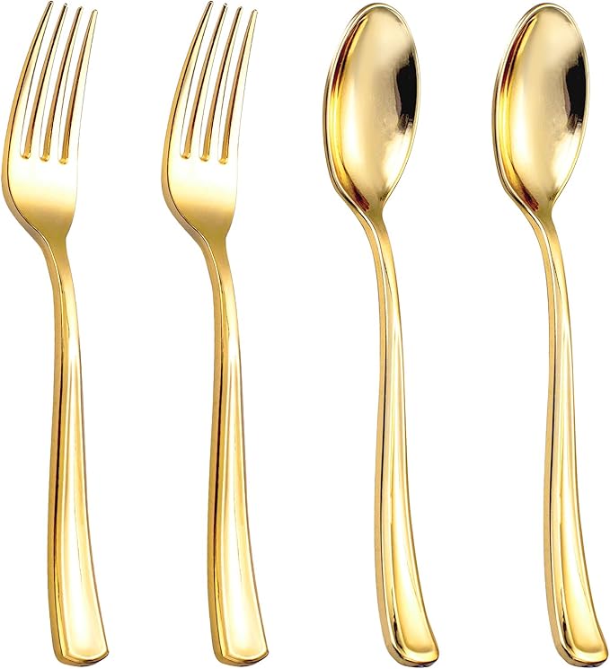 bUCLA 600PCS Gold Plastic Spoons and Forks Set - Plastic Forks and Spoons Disposable - Heavy Duty Gold Silverware Set Party Supplies Include 300 Forks and 300 Spoons for Party&Wedding