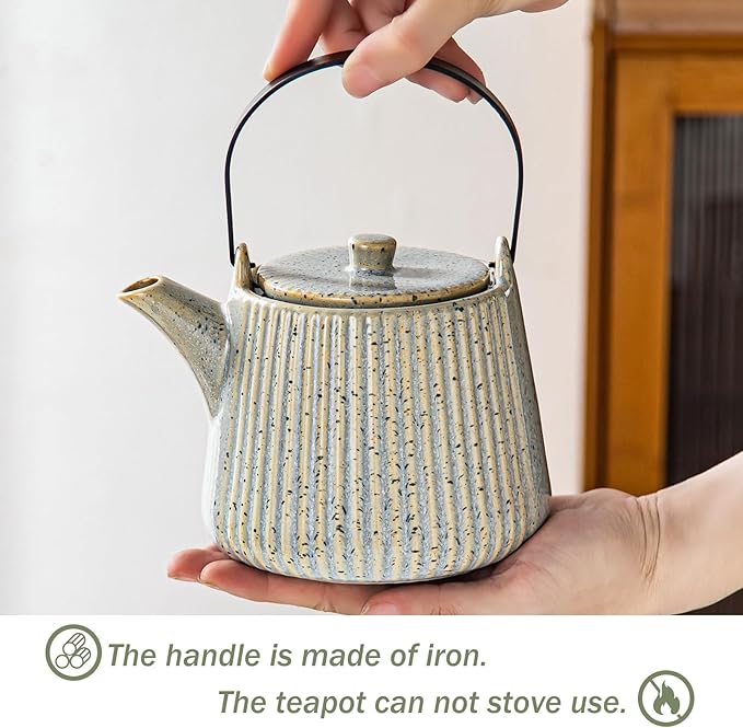 Yundu Ceramic Teapots for Tea, 1000ml/33.8oz Tea Pot with Infusers for Loose Tea, Striped Tea Pot with Removable Tea Infuser - Reactive Grey