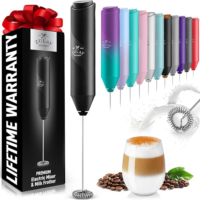 Zulay Kitchen Powerful Milk Frother Wand - Handheld Stainless Steel - Battery Operated Drink Mixer for Coffee, Lattes, Cappuccino, Matcha - Froth Mate Frother Gift - Absolute Black