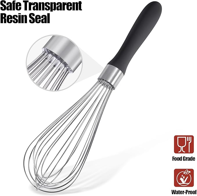 Doosu 18/8 Stainless Steel Balloon Whisk for Cooking (8 Wires, Black)
