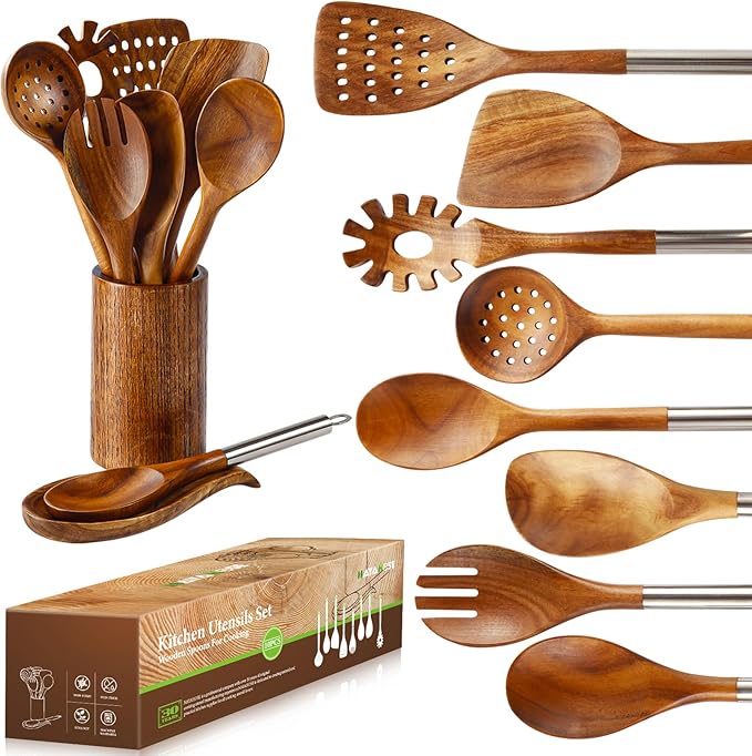 10PCS Teak Wooden Utensils Set With Holder & Spoon Rest, Stainless Handle