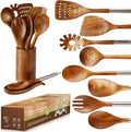 10PCS Teak Wooden Utensils Set With Holder & Spoon Rest, Stainless Handle