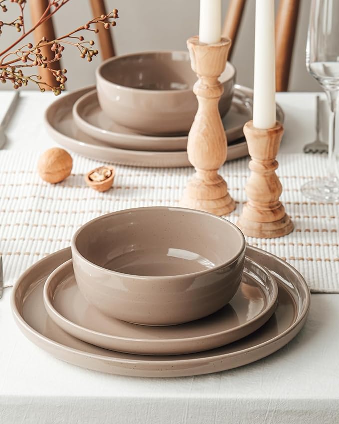Famiware Milkyway 16-Piece Stoneware Plates and Bowls, Cinnamon Brown