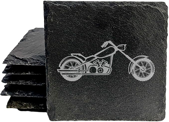 Laser Engraved Motorcycle Slate Coasters Set of 5 – Square – USA Made