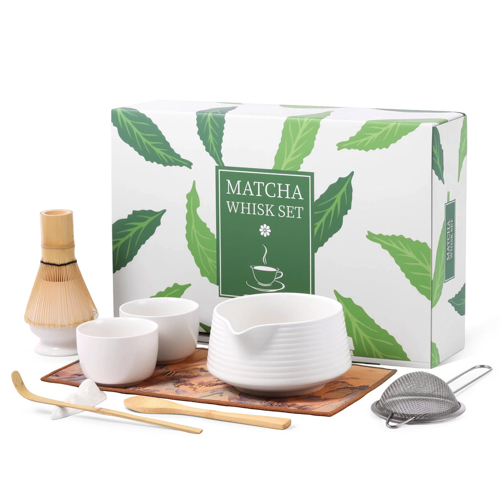 HELPLX Matcha Whisk Set, 10-Piece Japanese Matcha Kit with Bowl, Whisk & Holder, 2 Tea Cups, Bamboo Scoop, Spoon, Sifter, Scoop Rest & Tea Towel – White Matcha Tea Set for Ceremony or Daily Use