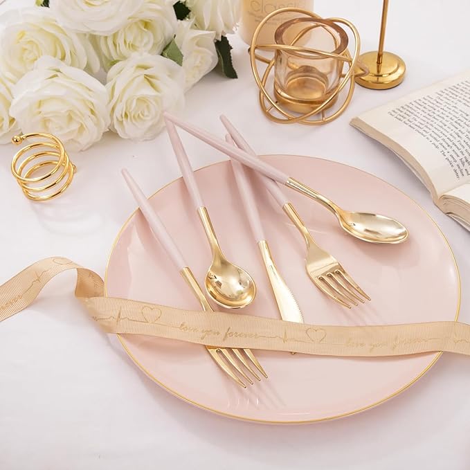 I00000 60 Pcs Pink Plastic Silverware, Fancy Gold Utensils with Pink Handle