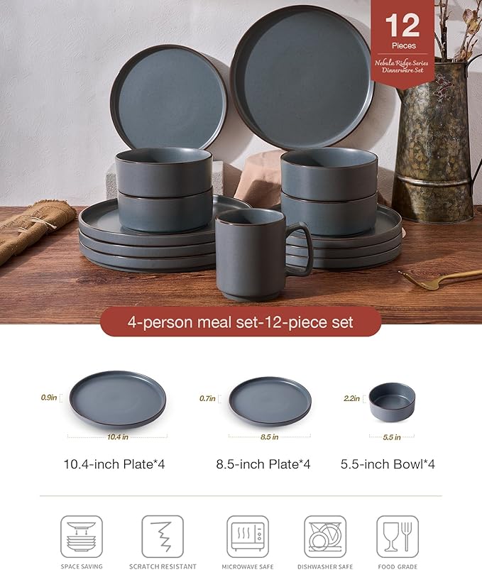 Famiware Nebula Ridge 12-Piece Stoneware Dinnerware Set, Charcoal