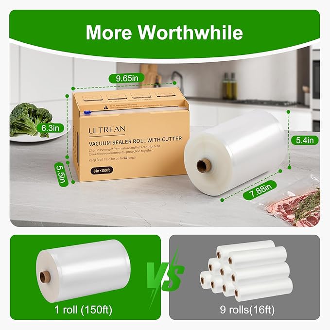 Ultrean 8" x 150' Vacuum Seal Roll Keeper with Cutter, Commercial Grade Vacuum Sealer Bags for Food Saver,BPA Free,Ideal for Storage, Meal Prep and Sous Vide