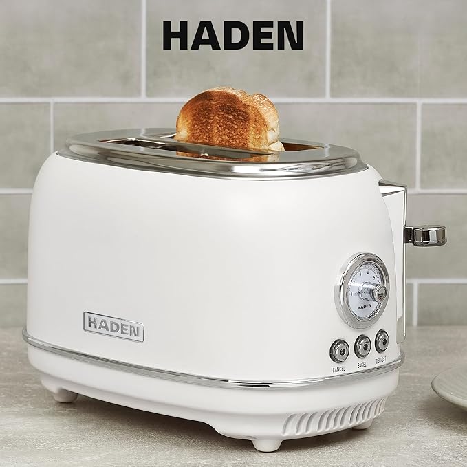 Haden Chelsea 2-Slice Wide Slot Stainless Steel Toaster with Adjustable Browning Control & Non-Slip Feet, Ivory & Chrome