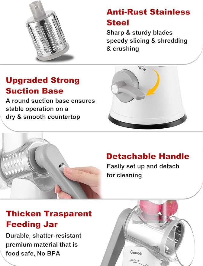 Geedel Rotary Cheese Grater Hand Crank, Cheese Shredder Vegetable Slicer