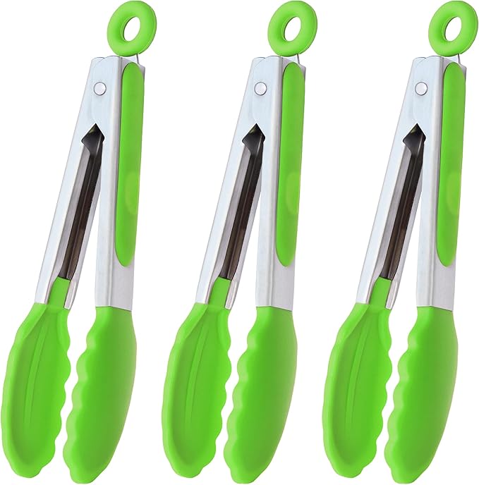 HINMAY Mini Tongs with Silicone Tips 7" Cooking Tongs, Set of 3 (Green)