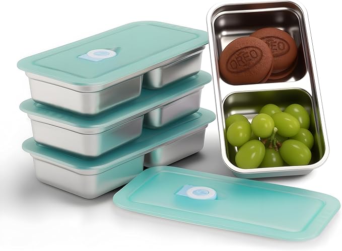 herrydale Stainless Steel Lunch Box for Kids – 2 Compartment Leakproof Snack Container with Lids, Reusable Bento Food Storage for School, Travel & Meal Prep (4-Pack)