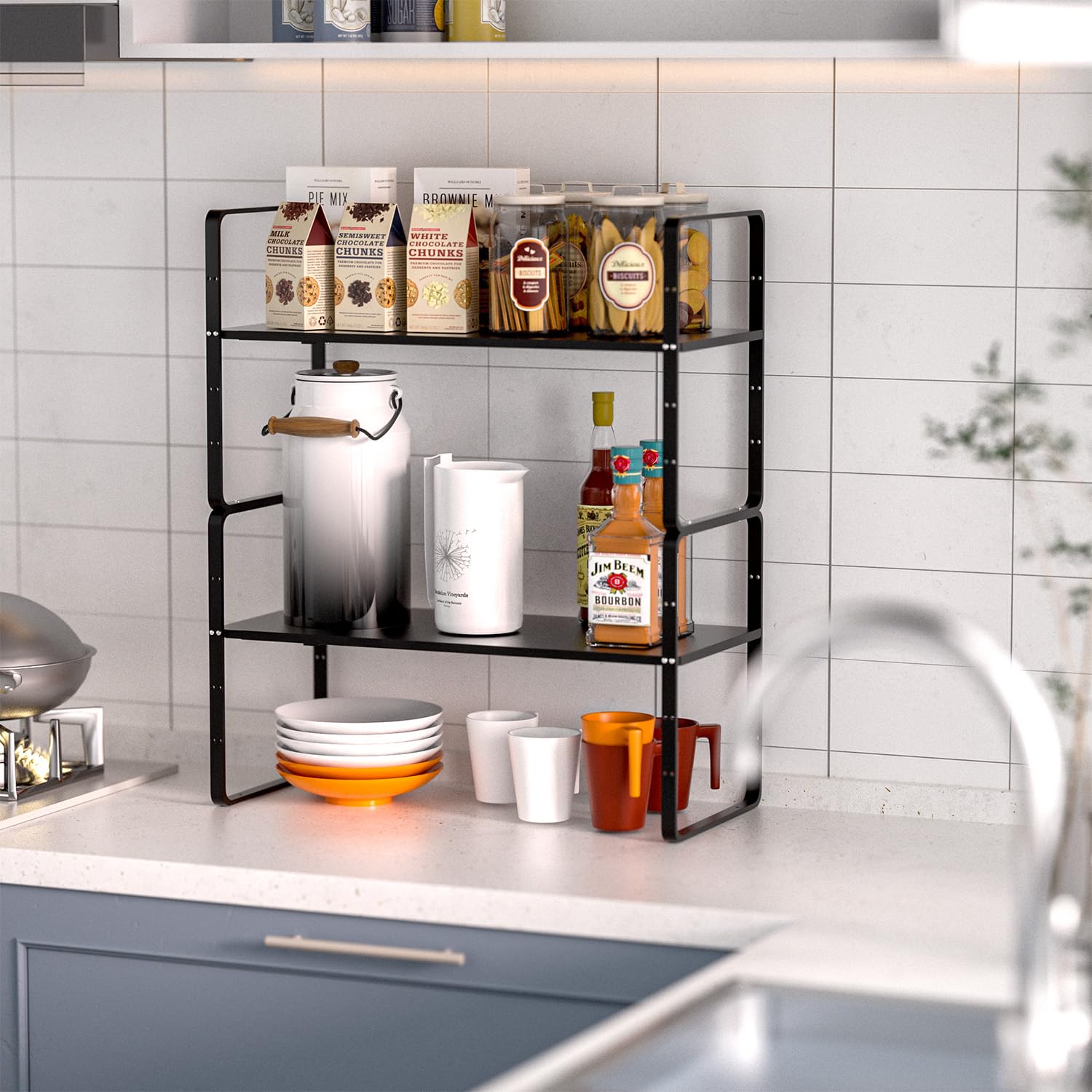 GEDLIRE Expandable Kitchen Cabinet Shelf Organizers 2 Pack, Stackable Metal Pantry Storage Shelves Rack, Adjustable Counter Shelf for Cabinets, Countertop, Cupboard Organizers and Storage, Black