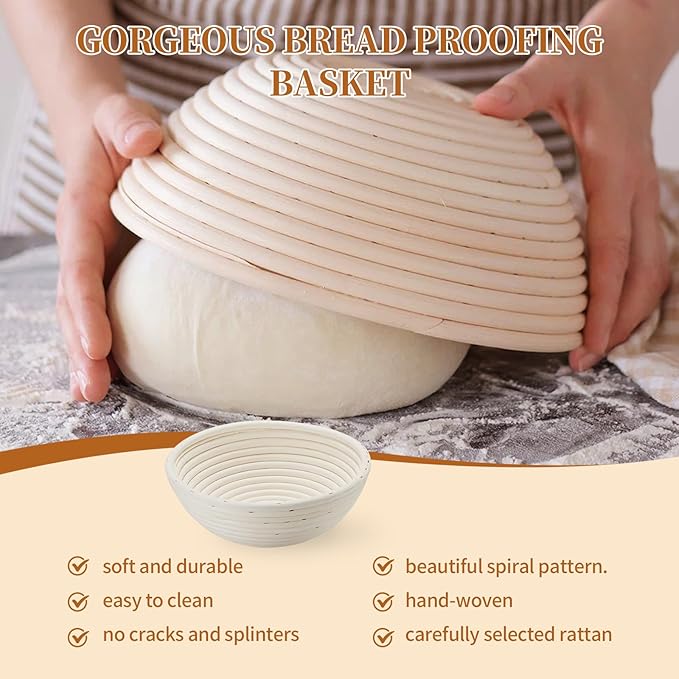 Dimpola Banneton Bread Proofing Basket Banneton Basket Set Sourdough Proofing Basket Round Proofing Bowls Handmade Rattan Baskets and Liners (Round 9 inch Baking Set)