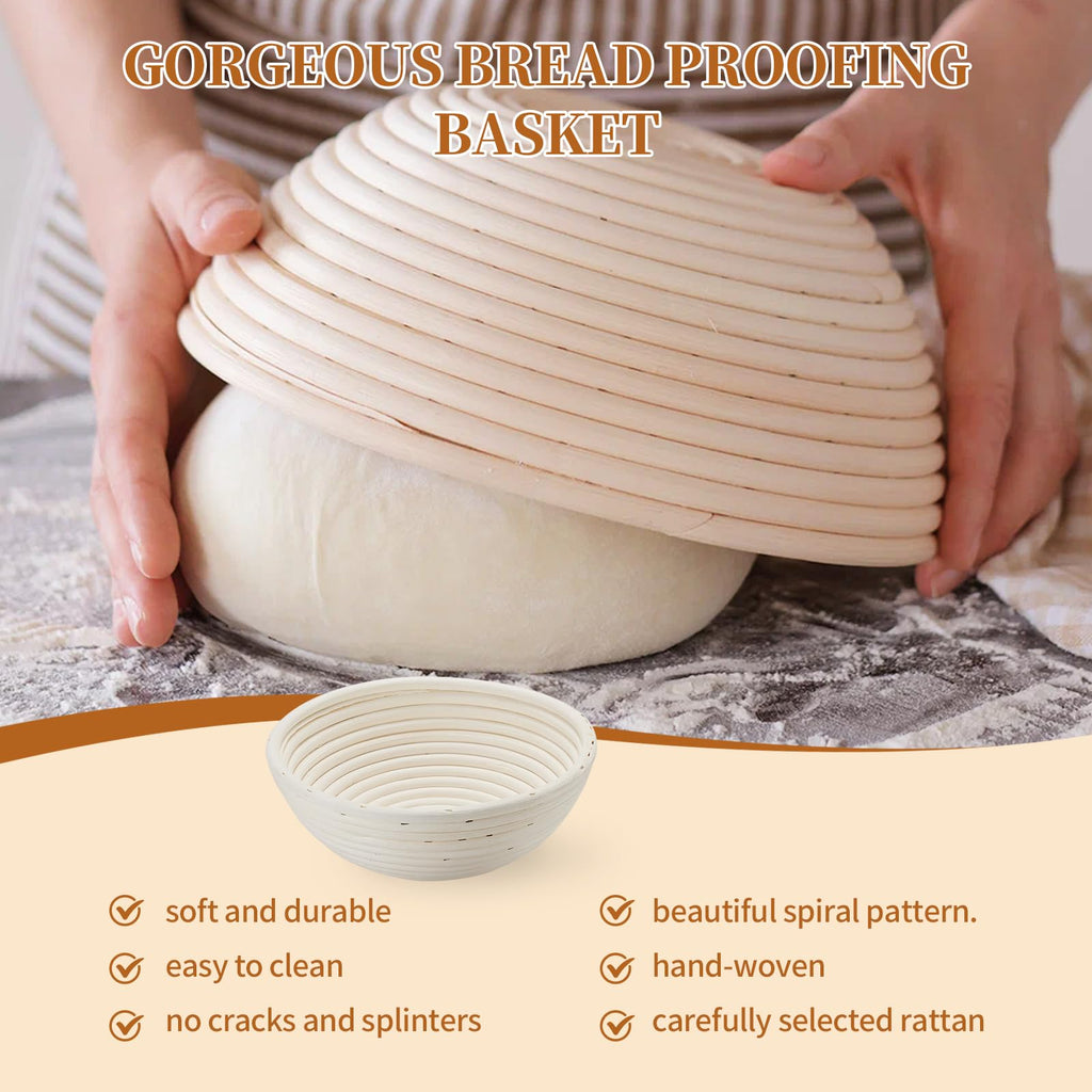 Dimpola Banneton Bread Proofing Basket Banneton Basket Set Sourdough Proofing Basket Round Proofing Bowls Handmade Rattan Baskets and Liners (Round of 1 Gift Set)