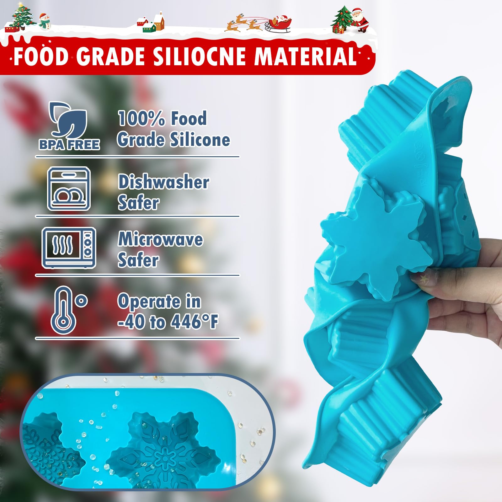 HKNMTT Snowflake Christmas Silicone Mold 12 Cavity 6 Shapes for Holiday Soap Chocolate Cocoa Bomb Ice Candy Oreo Covered Jello Xmas Winter Wax, Oven Safe Baking Frozen Moulds DIY Candle Craft Set
