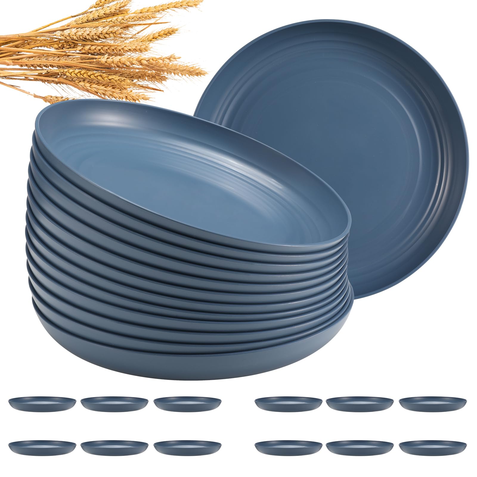 HEYCOME 12 Pcs Unbreakable Deep Dinner Plates Set, 9 inch Reusable Plastic Wheat Straw Plates, Microwave and Dishwasher Safe Plate for Kitchen, Lightweight Plate for Dessert, BPA Free, Dark Blue