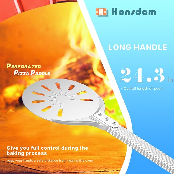 Pizza Turning Peel, 8-inch Pizza Peel Turner Spinner with Non-Slip Long Handle & Silicone Hanging Hook, Essential Pizza Oven Accessories for Outdoor & Indoor Baking, Even Crispy Crust Every Time