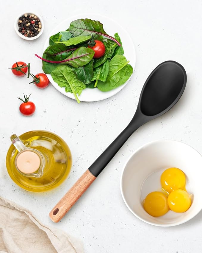 Badiano Large Silicone Cooking Spoons, Nonstick Solid Wooden Handle,13.2in
