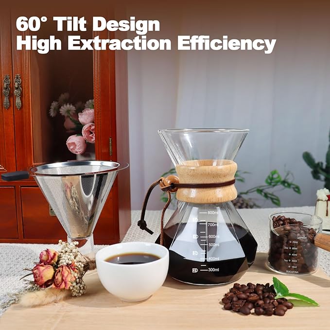 DITOSH Pour Over Coffee Maker 800ml 27.1oz Glass Drip Coffee Maker with 304 Stainless Steel Filter High Borosilicate Glass Duckbill Spout Solid Wood Handle Pour Over Coffee Dripper for Daily Brewing
