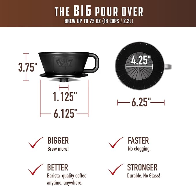 BIG JOE® Large Pour Over Coffee Dripper (Durable BPA-Free Plastic) w/ 50 Filters - Brews 12 to 75 oz of Coffee into Any Mug, Carafe, or Thermos - Dishwasher Safe - Made in USA