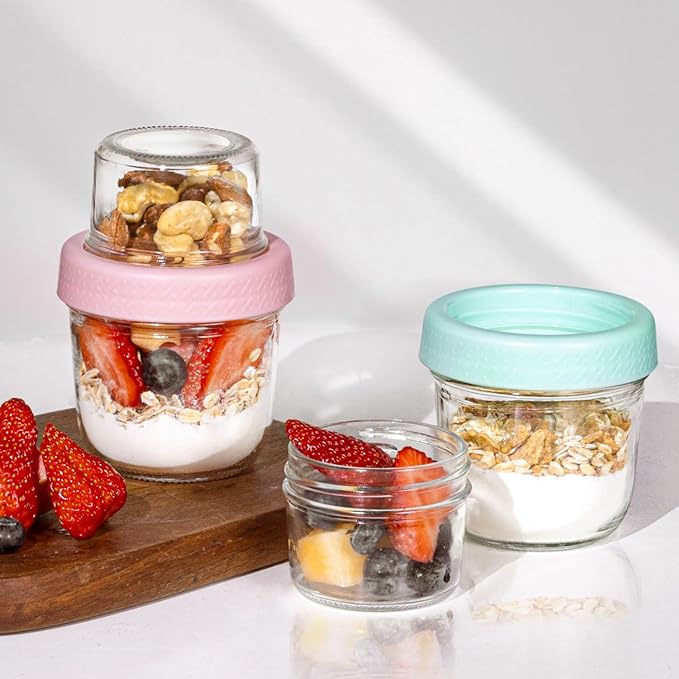 ComSaf 8+4Oz 4Pcs Overnight Oats Containers with Lids, Small Dual-Layer Jar