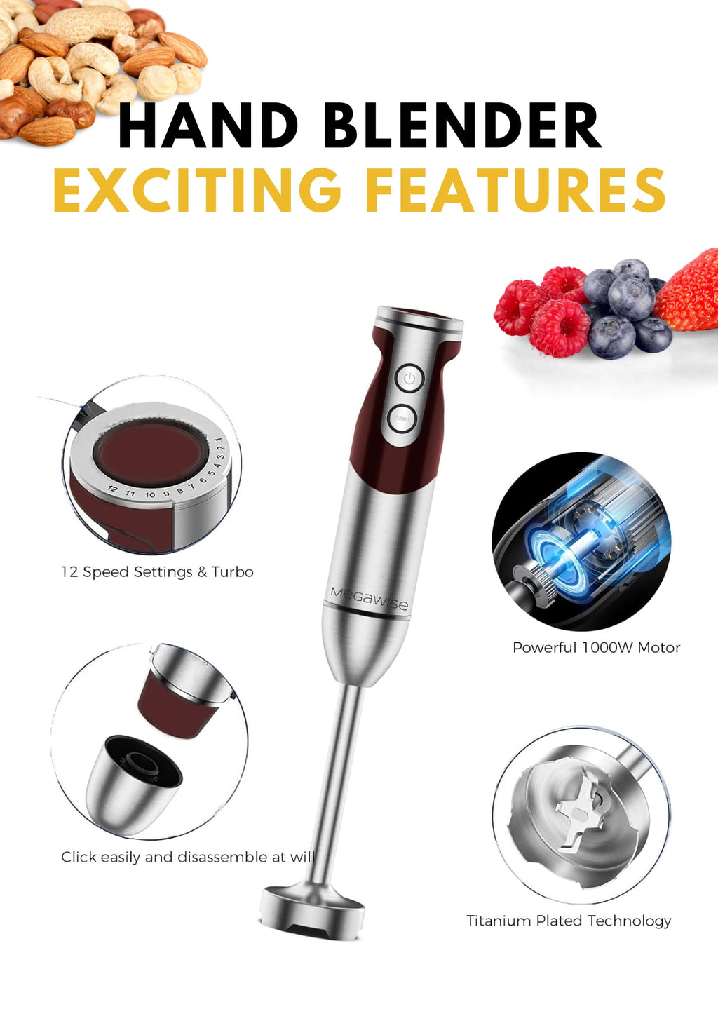 MEGAWISE new Hand Blender Series Single Hand Blender,no attachments,12-Speed,Includes Powerful Blender Stick- Easy to Clean and Perfect for Smoothies, and More (RED)