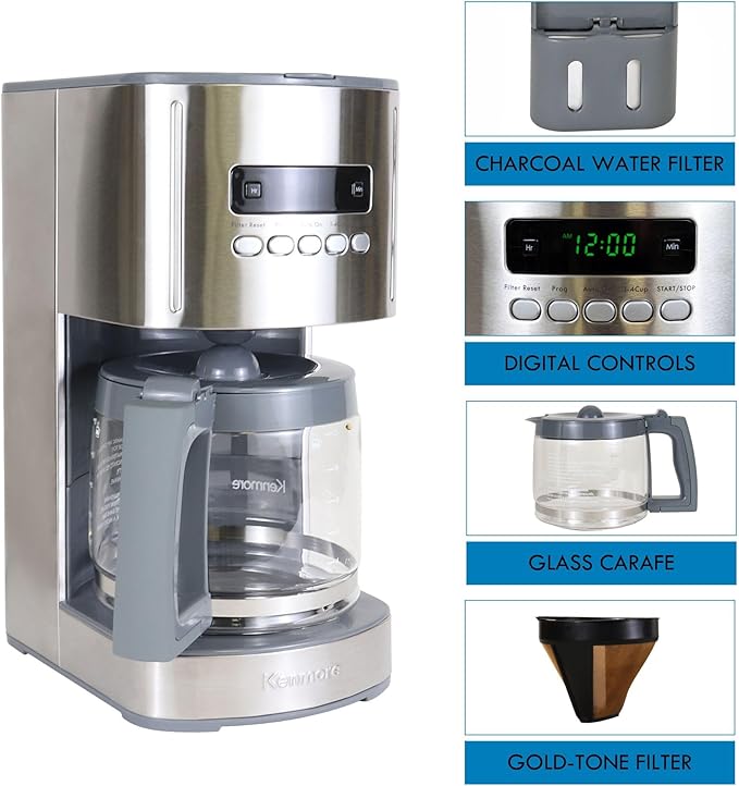 Koolatron Kenmore Elite Drip Coffee Maker - 12-Cup Programmable Coffee Machine With Glass Pot, Pause and Pour, Auto Shut-Off, Large Water Reservoir, Reusable Filter, Dishwasher Safe Carafe