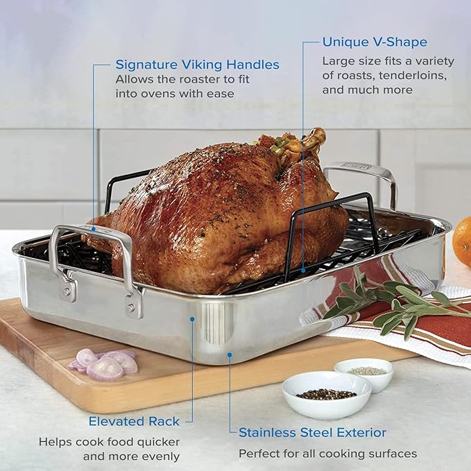 Viking 3-Ply Stainless Steel Roasting Pan with Non Stick Rack, 16 x 13 Inch Kitchen Cookware, Great for Turkey, Dishwasher and Oven Safe, Induction Ready, Silver