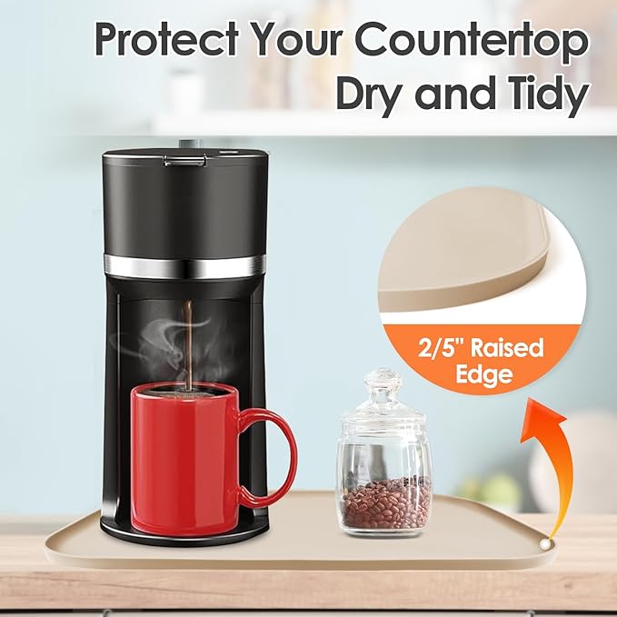 Silicone Coffee Maker Mat with Lip for Countertops, 17.4'' x 10.6'', Khaki