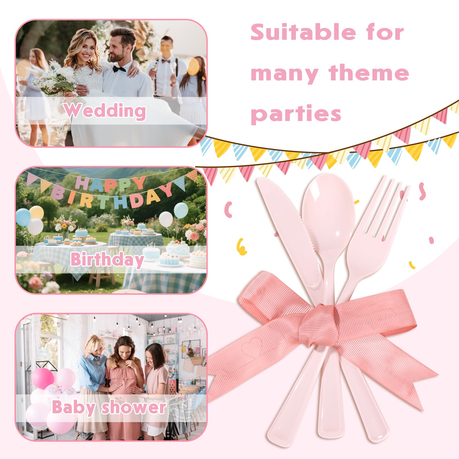 Supernal 300pcs Pink Plastic Silverware, Disposable Cutlery Set