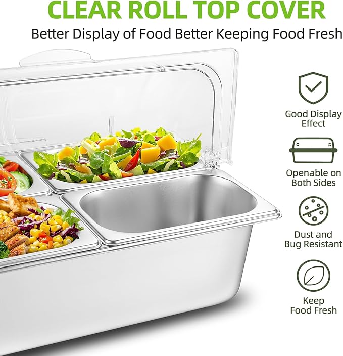 Tijvzk Stainless Steel Ice Food Serving Display Container 6 Pans 3 Ice Packs Cooled Condiment Dispenser Cold Serving Appetizer Buffet Organizer (4 Pans)