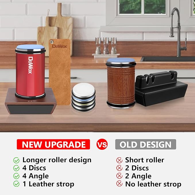DOWOX Longer Rolling Knife Sharpener with Leather Strop, Upgraded Rolling Knife Sharpening with 4 Degree Angle and 4PCS Replaceable Honing Discs, Easy to Sharpen Ktichen Knives, Red, DW-RS2-Red