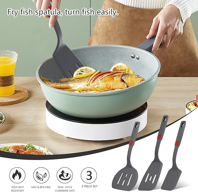 Hvanam Flexible Silicone Spatula Set For Nonstick Cookware Rubber Silicone Bpa-Free Heat Resistant Heavy Duty Kitchen Turner Large,Slotted Flipper And Small Spatulas For Egg Fish Pancake Cookie (Grey)