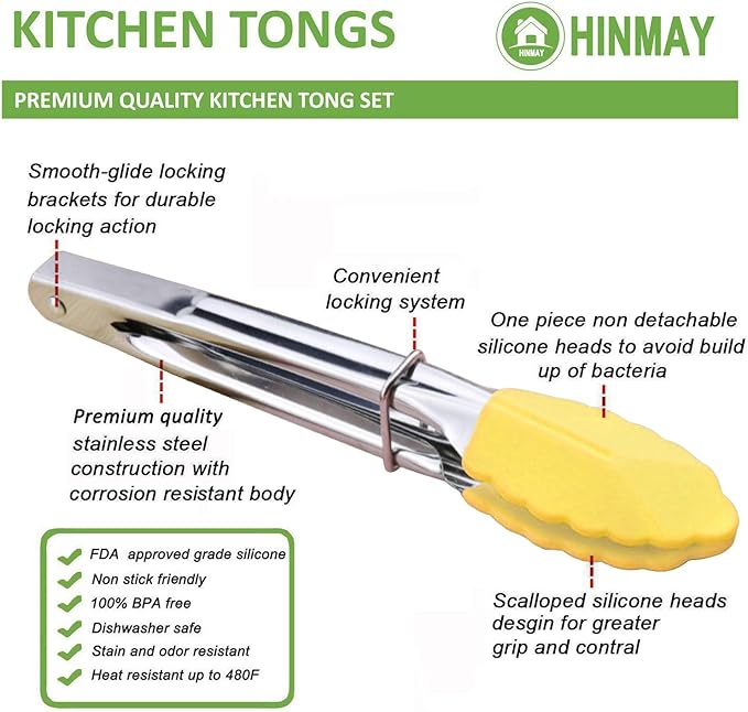 HINMAY 7-Inch Mini Tongs with Silicone Tips, Set of 3 (Yellow)