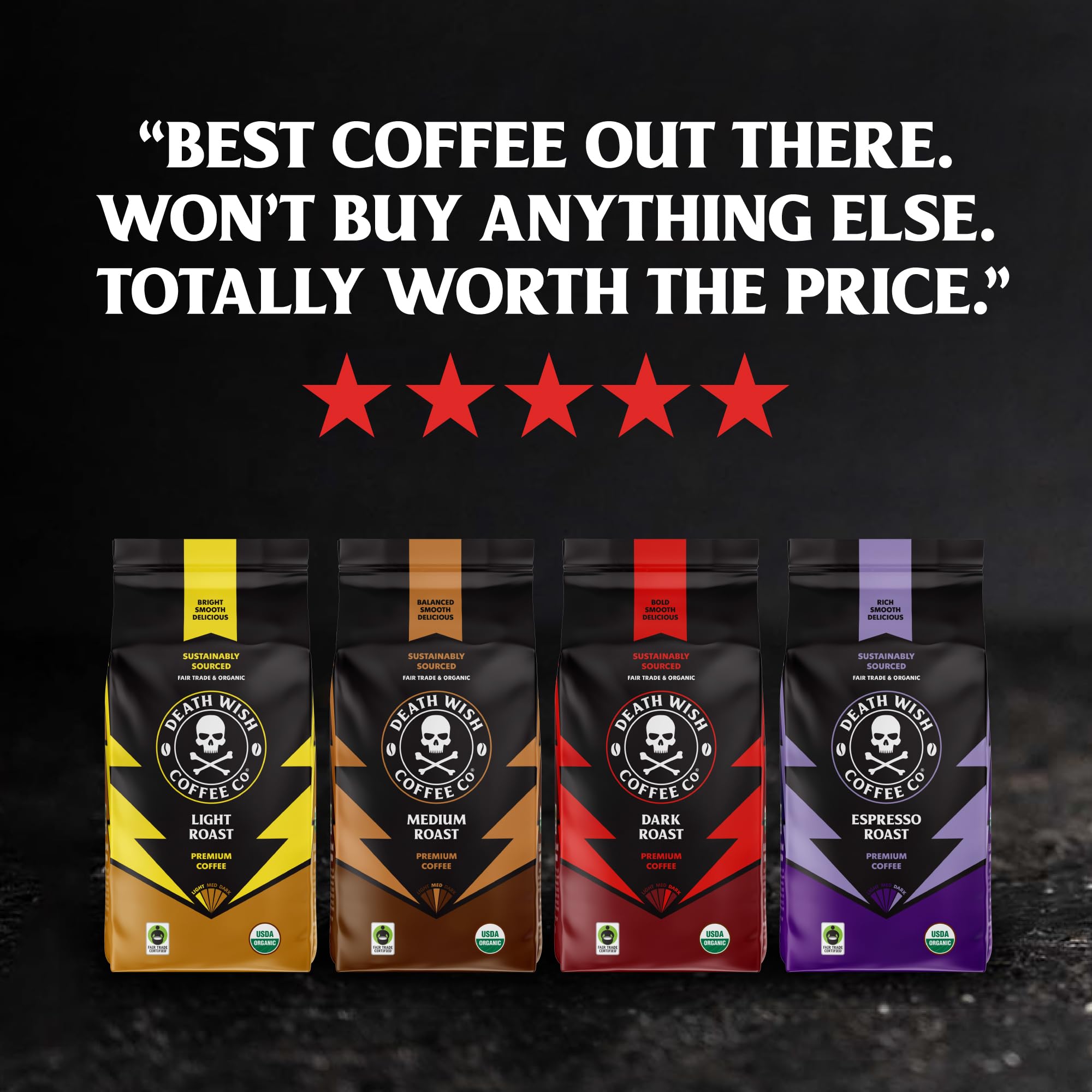 Death Wish Coffee Organic Medium Roast Ground Coffee, 6 Pack