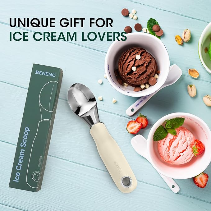Beneno Premium Heavy Duty Ice Cream Scoop with Ergonomic Grip Handle, Cream