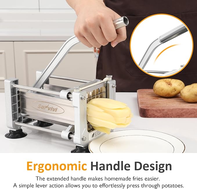 Sunvivi French Fry Cutter Stainless Steel Potato Slicer: with 2 Replaceable blades (1/2 & 3/8 Inch), Professional Fries Cutter for Potatoes, Carrots, Cucumber, Onion, Yam